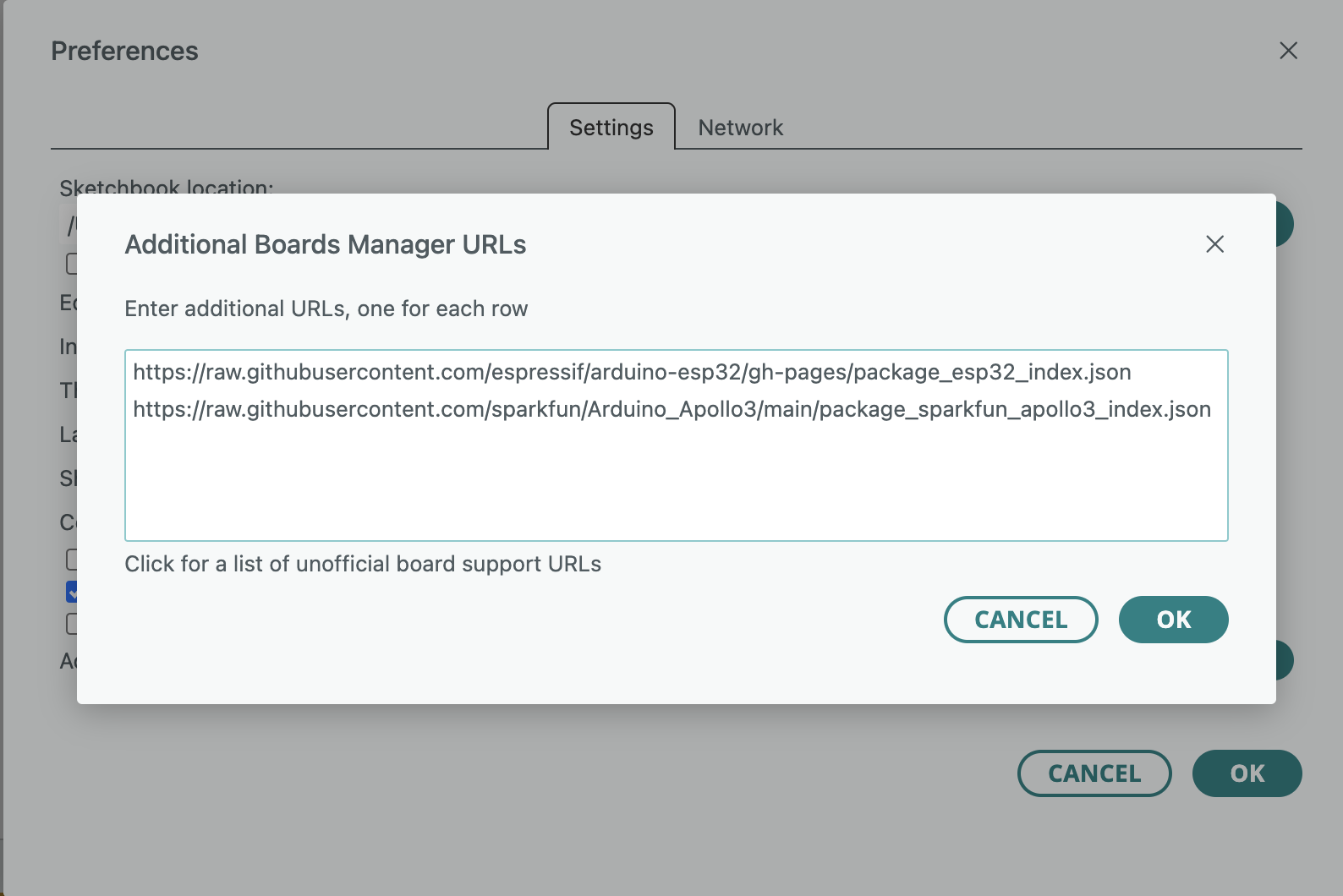 Sparkfun Apollo3 boards manager json URL in Arduino IDE settings