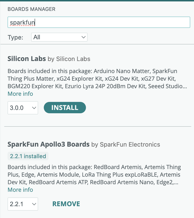 SparkFun Apollo3 Boards installed in Boards Manager