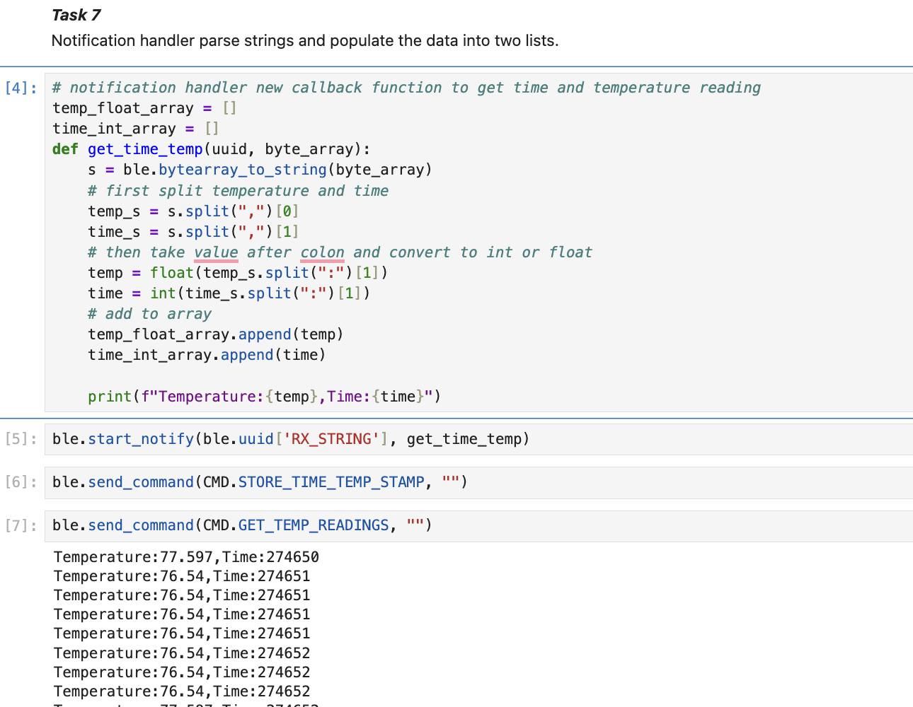 Parsed temperature reading and concurrent time stamp