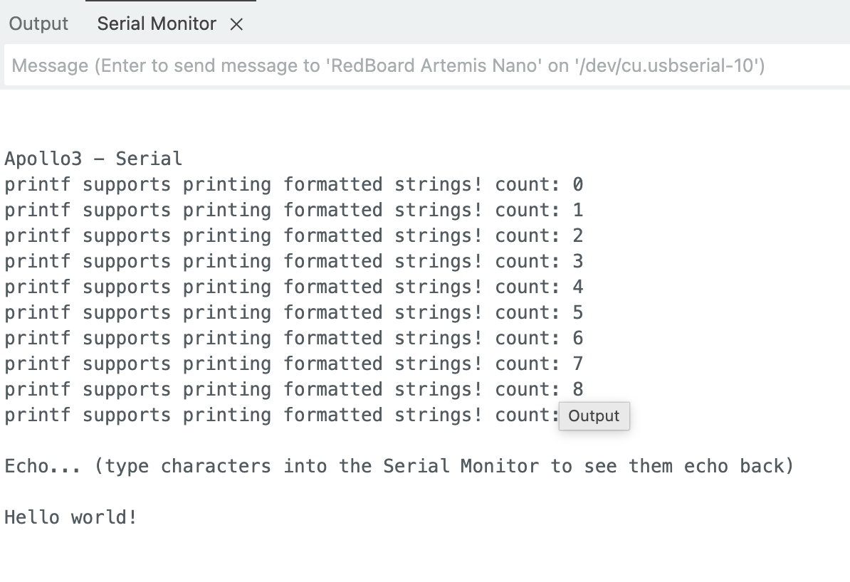 Serial monitor showing echo of Hello world!