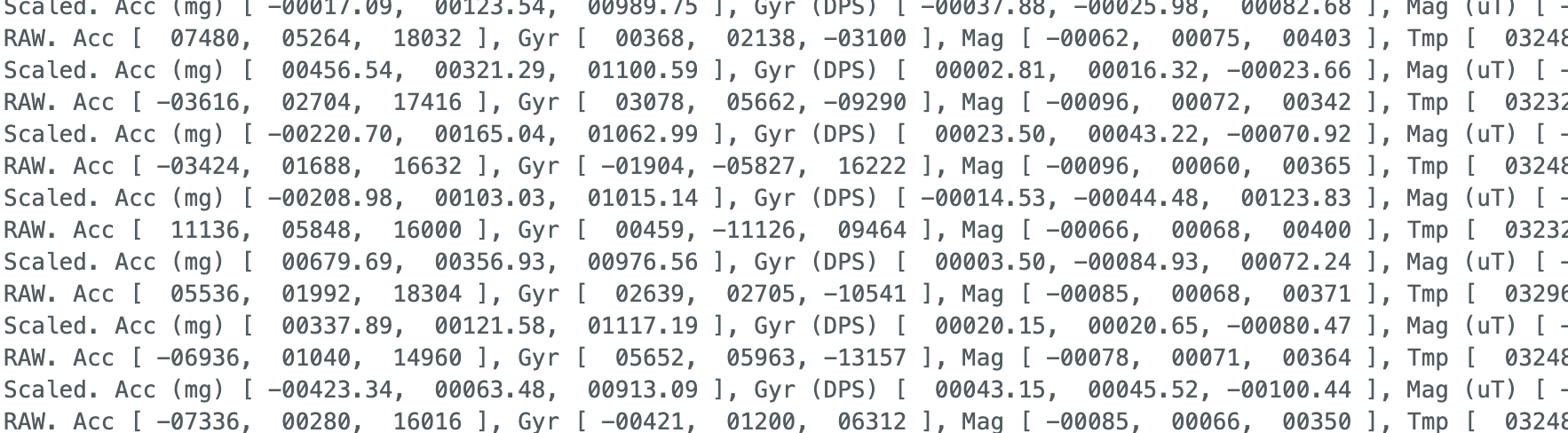 Serial monitor output: IMU flat and stationary