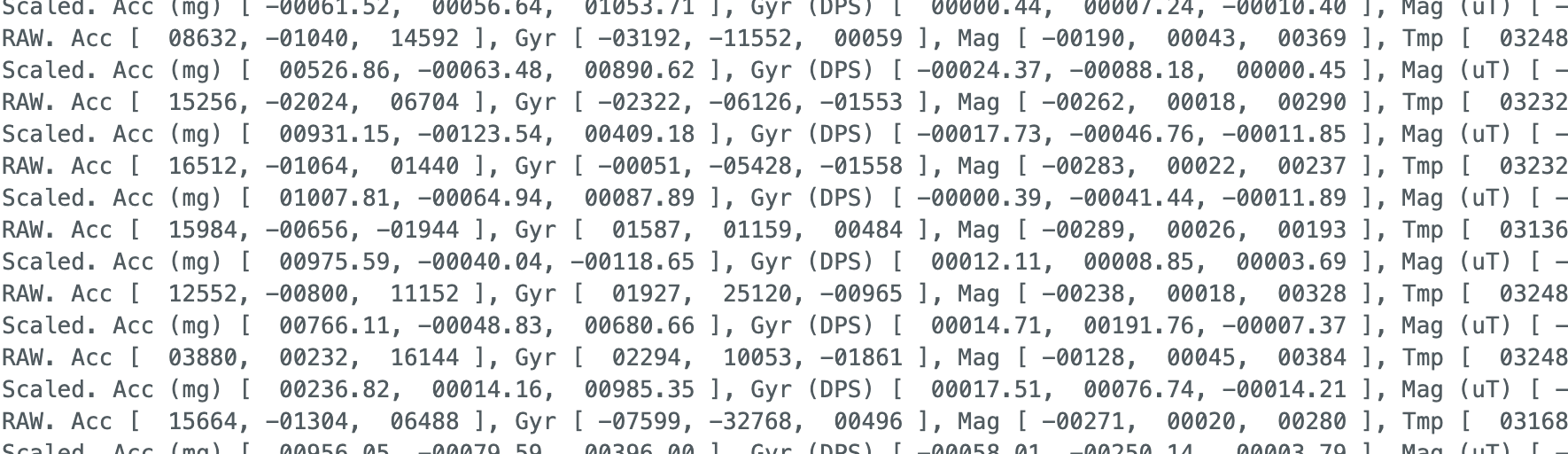 Serial monitor output: IMU rotated around pitch