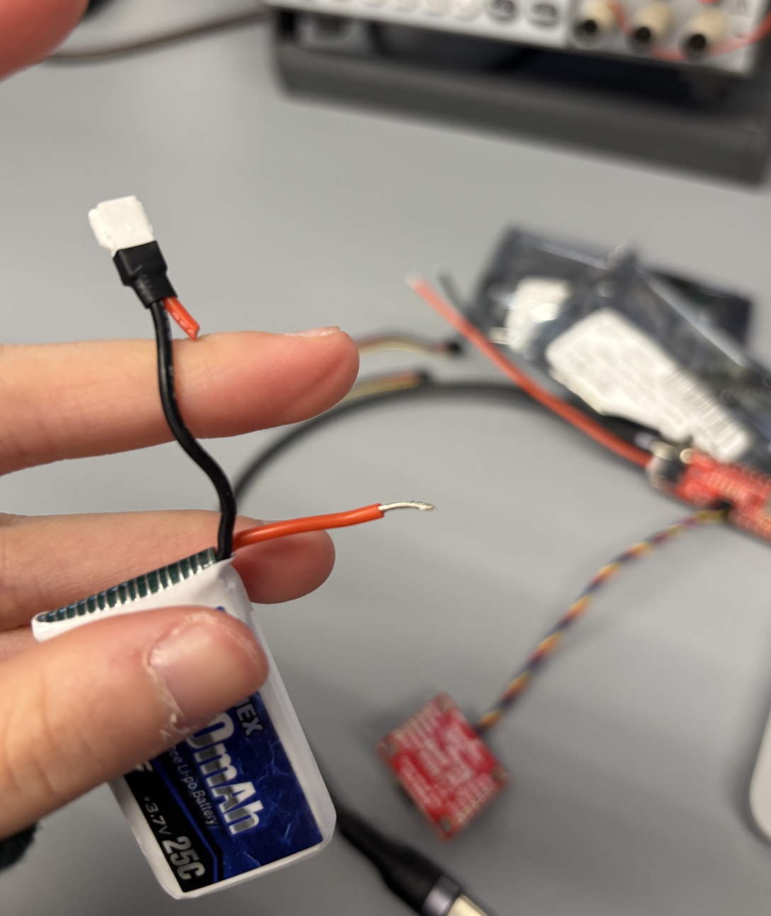 Battery wire cut, stripped, and twisted