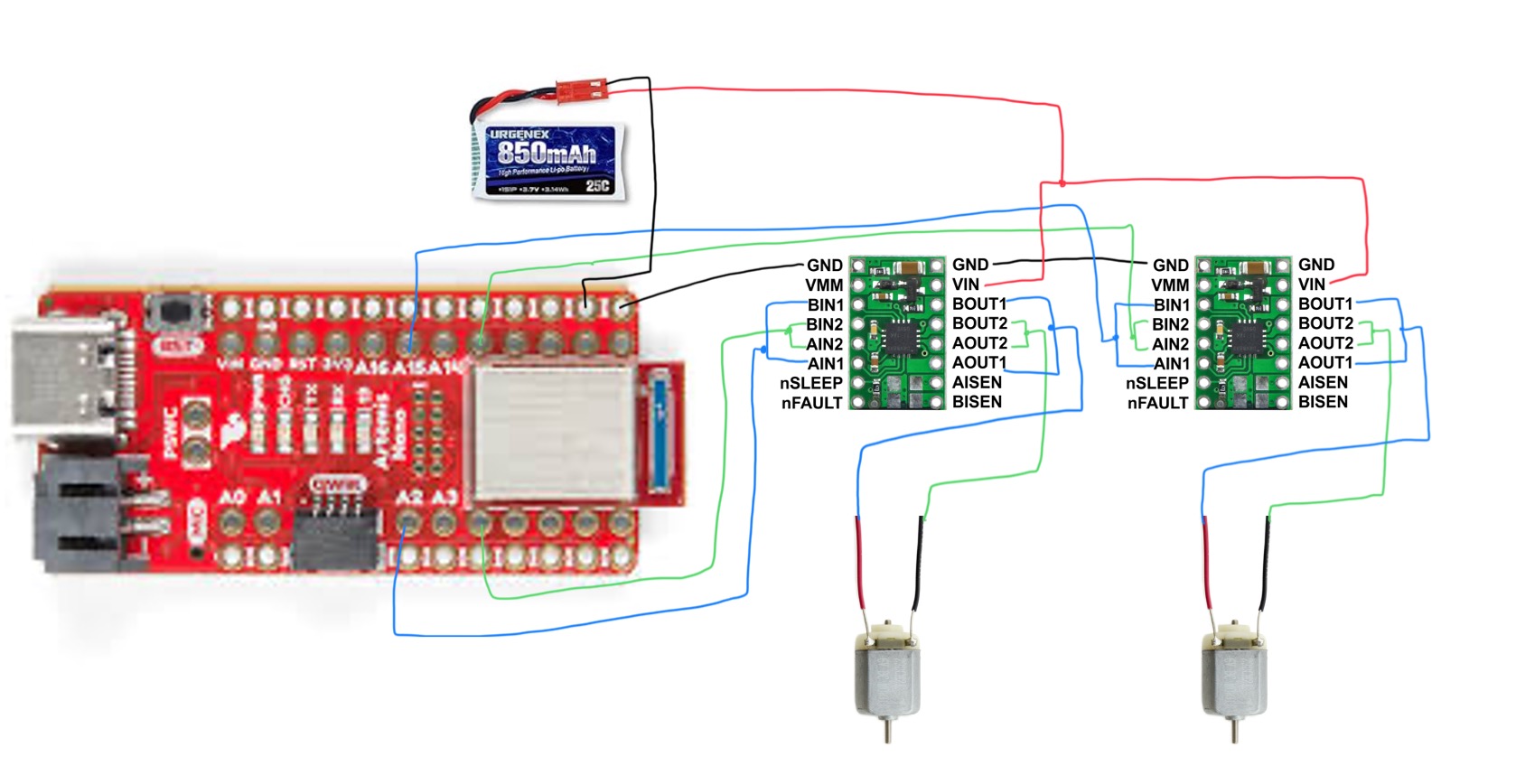 Wiring diagram: Artemis, battery, motor drivers, motors