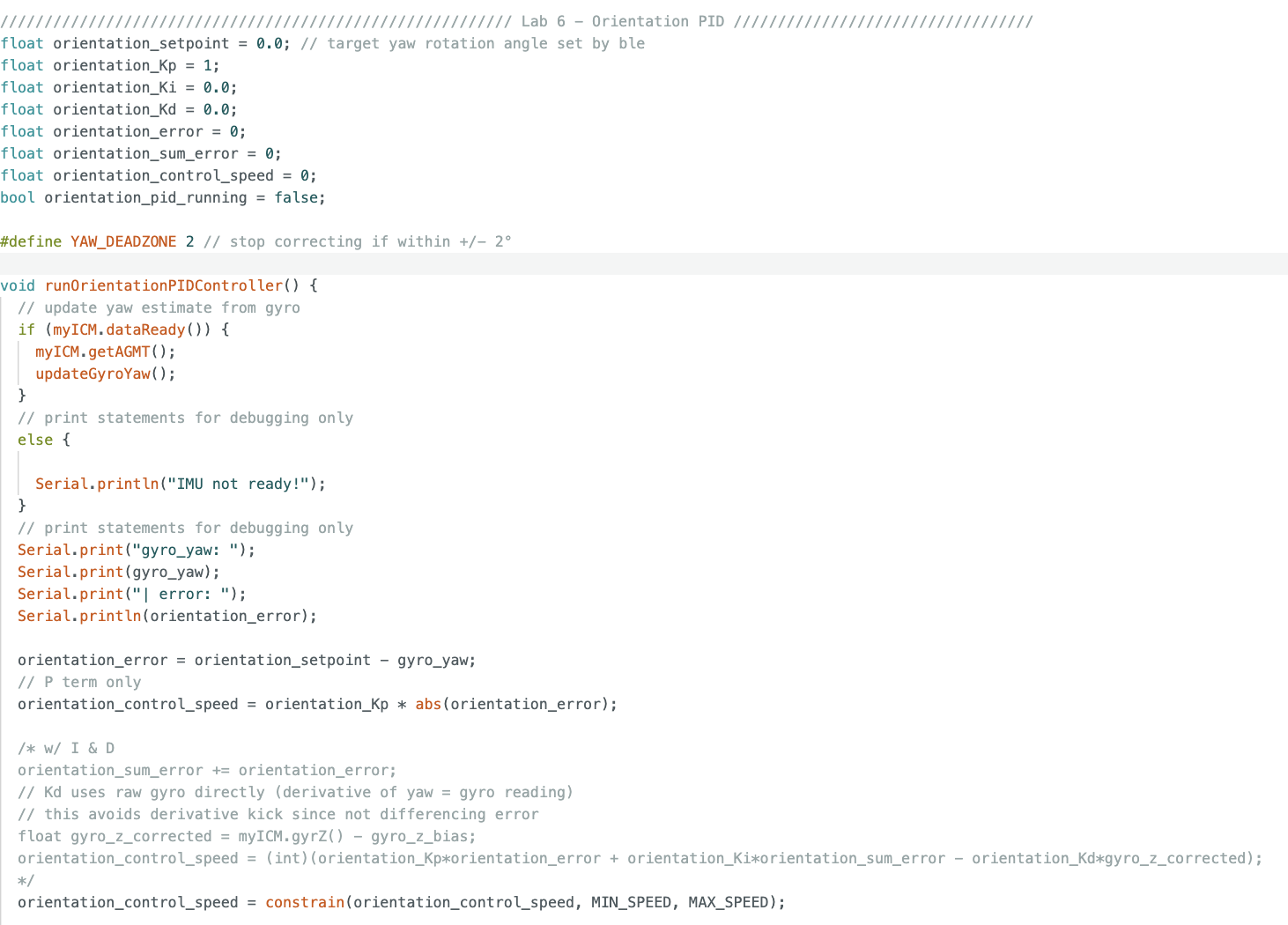 Arduino orientation PID globals and P controller code